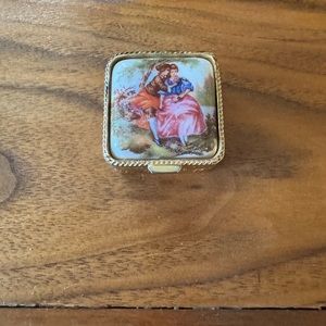Vintage Victorian Courting Couple Pill Trinket Box Italy Made Porcelain, Metal